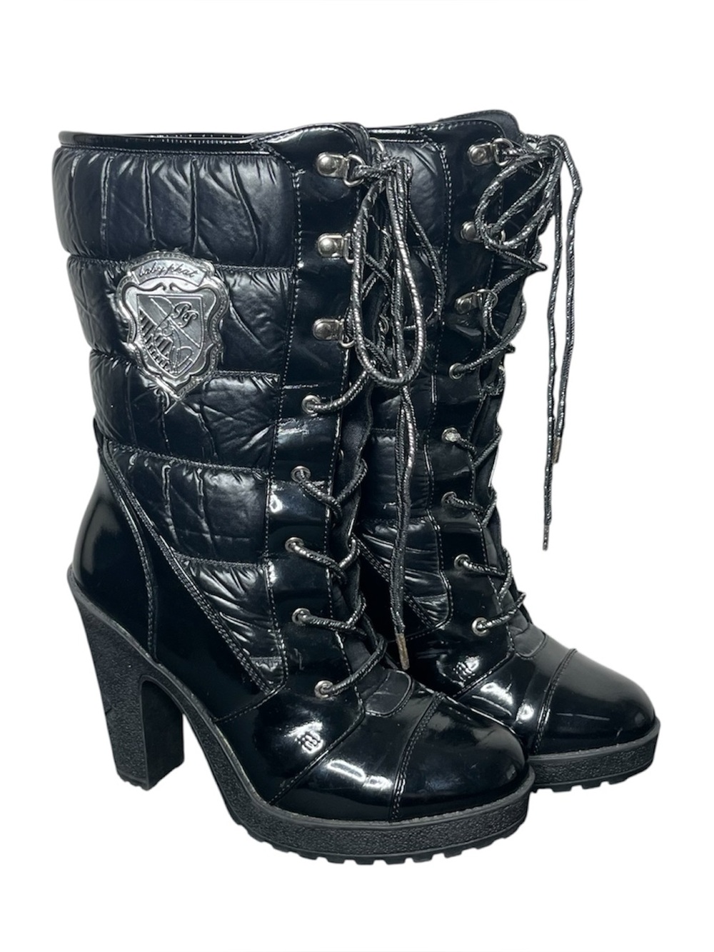 Y2K Baby Phat Akira Black Quilted Lace Up Heeled Boots Size 8